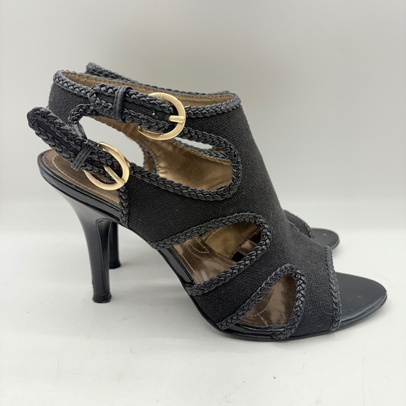Tahari Shoes - Tahari Lexie Black Canvas Braided Trim Heeled Sandals Size 8.5 M Gold Buckle